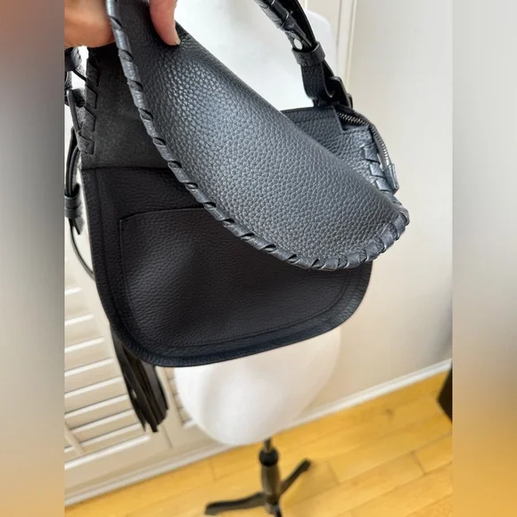 AllSaints Black Pebbled Leather Crossbody Bag with Tassel & Top Handle - Picture 4 of 9